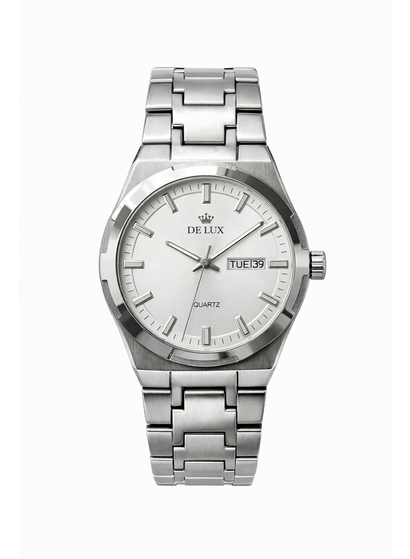 ديلوكس ساعة يد رجالي DELUX أنالوج – سوار ستانلس ستيل فضي مع ميناء أبيض وعرض اليوم والتاريخ